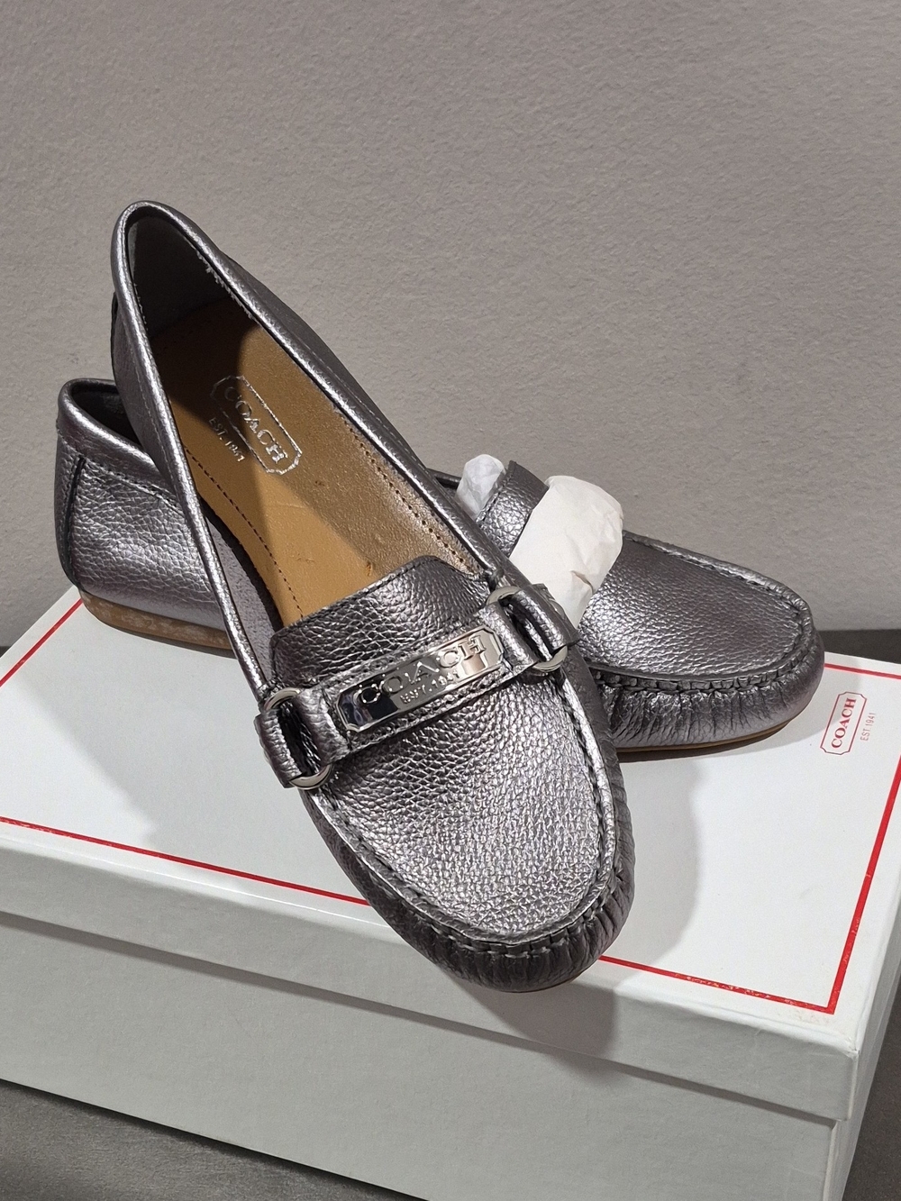 Coach Metallic Pewter Leather Penny Loafers for Women